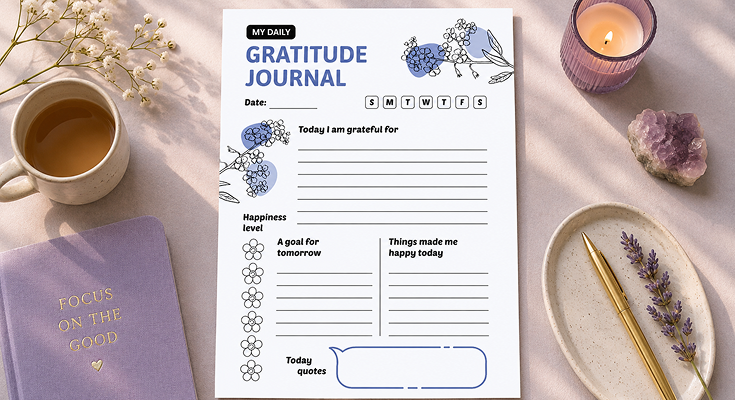 Floral daily gratitude journal template with happiness level tracker