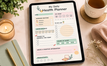 Daily health planner template with mood, water and sleep tracker