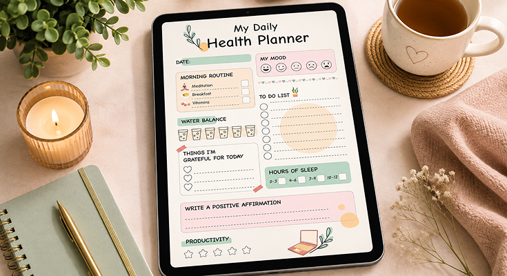 Daily health planner template with mood, water and sleep tracker