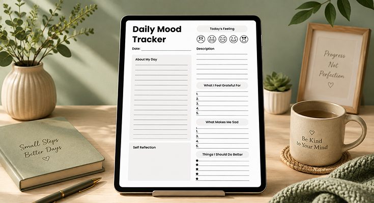 Daily mood tracker template with feelings, gratitude and self reflection