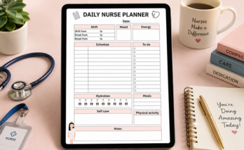 Daily nurse planner template with shift schedule and self care section