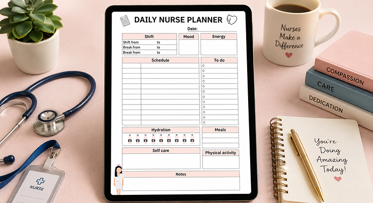 Daily nurse planner template with shift schedule and self care section