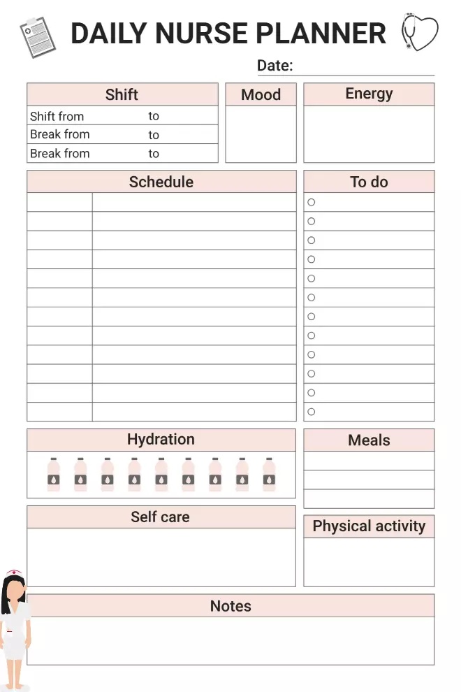 Aesthetic Daily Nurse Planner Template with a Structured Shift Layout