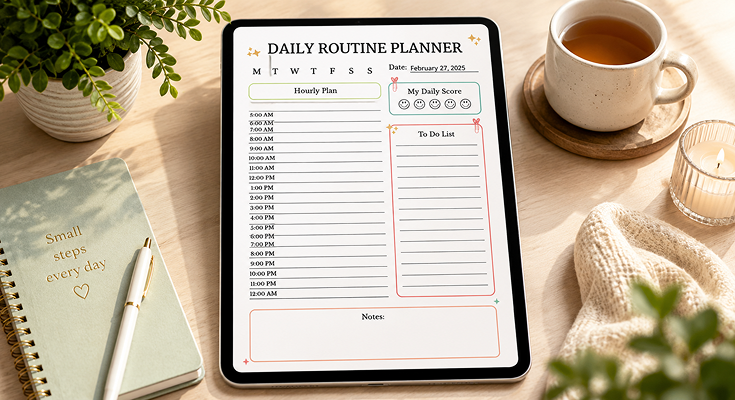 Minimalist daily routine planner template with hourly plan and to-do list