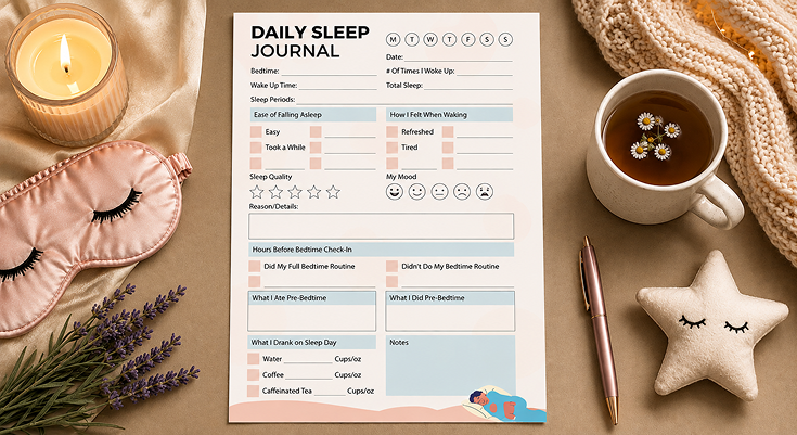 Daily sleep journal template with bedtime routine and sleep quality