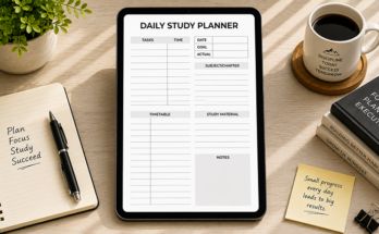 Minimalist daily study planner template with subject and timetable section