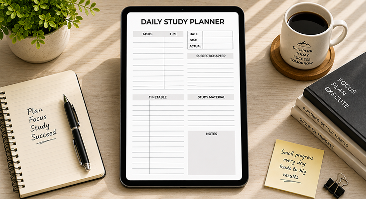 Minimalist daily study planner template with subject and timetable section