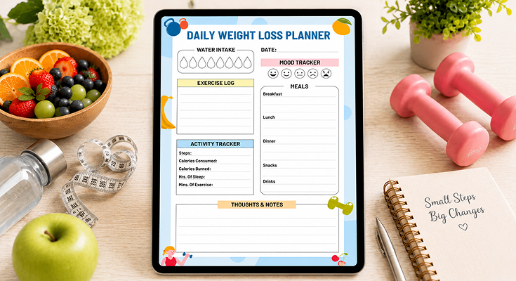 Daily weight loss planner template with water intake and meal tracker
