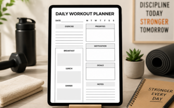 Daily workout planner template with exercise, meal plan and goals