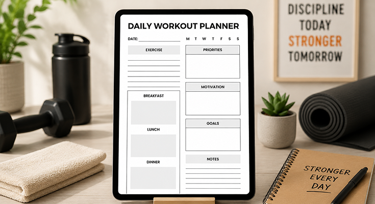 Daily workout planner template with exercise, meal plan and goals