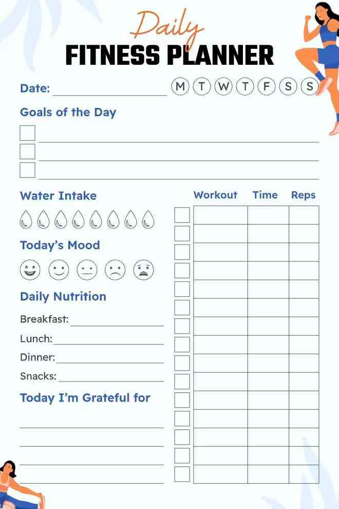 Editable Daily Fitness Planner Template with Workout and Meals Planning Section