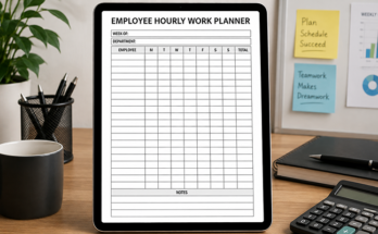 Employee hourly work planner tracking daily hours per employee and total