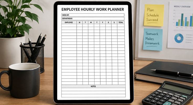 Employee hourly work planner tracking daily hours per employee and total