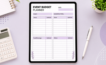 Event budget planner template with venue, decor and food subtotal