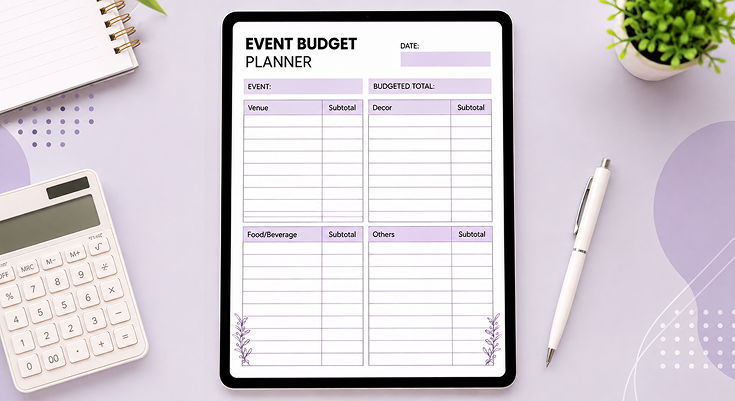 Event budget planner template with venue, decor and food subtotal