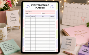 Event timetable planner template with start end time and task list