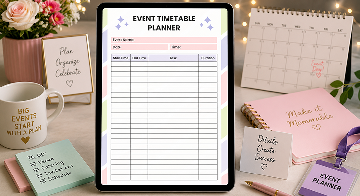 Event timetable planner template with start end time and task list
