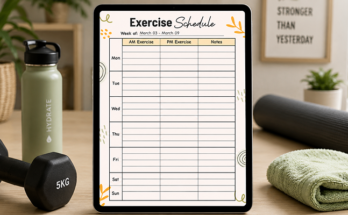 Weekly exercise schedule tracking AM PM workouts and notes by day