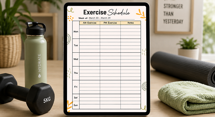 Weekly exercise schedule tracking AM PM workouts and notes by day
