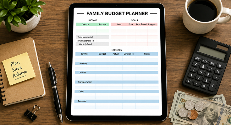 Family budget planner tracking income goals and monthly expenses by category