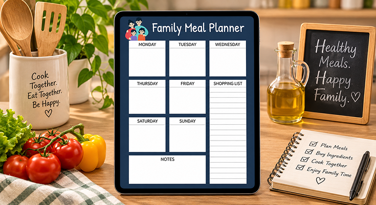 Family meal planner template with weekly meals and shopping list