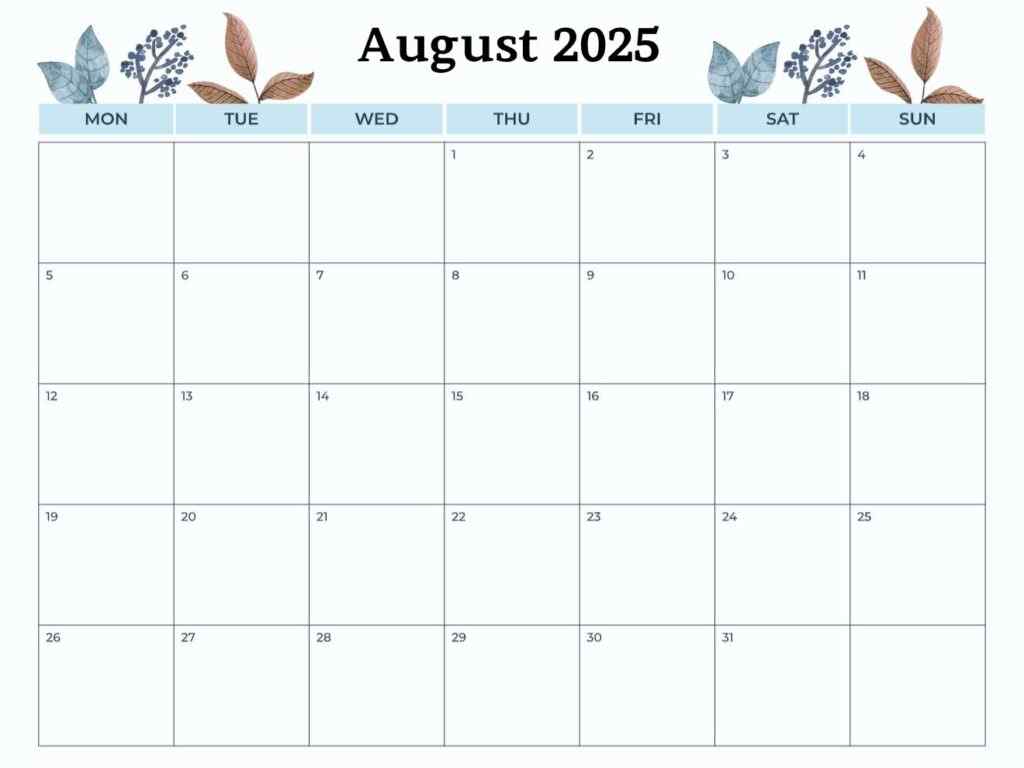 Free Printable August 2025 Calendar Planner Template with a Leafy Nature Design