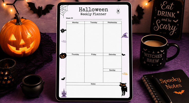 Halloween weekly planner with daily boxes and notes section