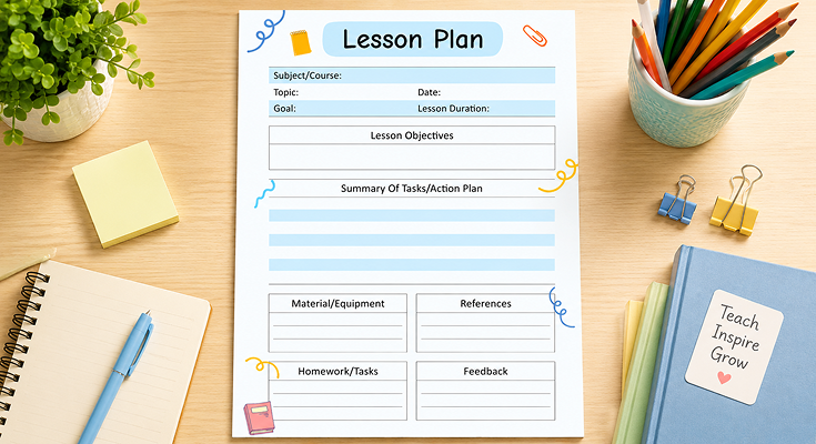 Lesson plan template with objectives action plan and homework feedback