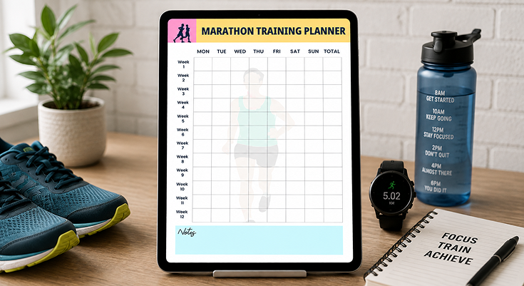 12 week marathon training planner template with daily progress grid