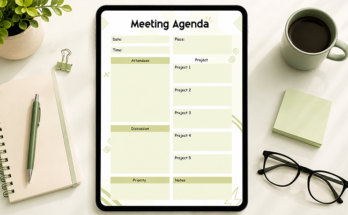 Meeting agenda planner with attendees discussion points and project list