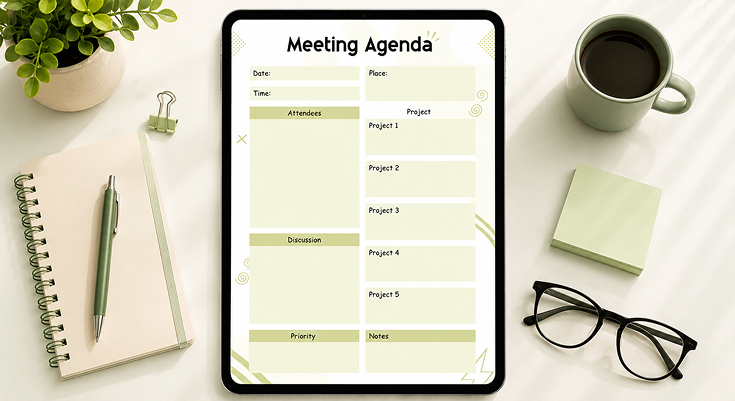 Meeting agenda planner with attendees discussion points and project list