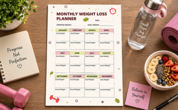 Monthly weight loss planner tracking goal and actual weight by month