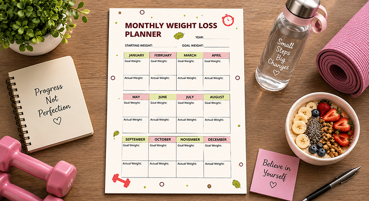 Monthly weight loss planner tracking goal and actual weight by month