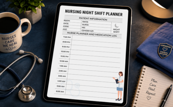 Nursing night shift planner template with patient info and medication log