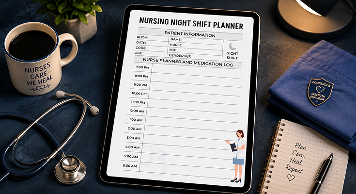 Nursing night shift planner template with patient info and medication log