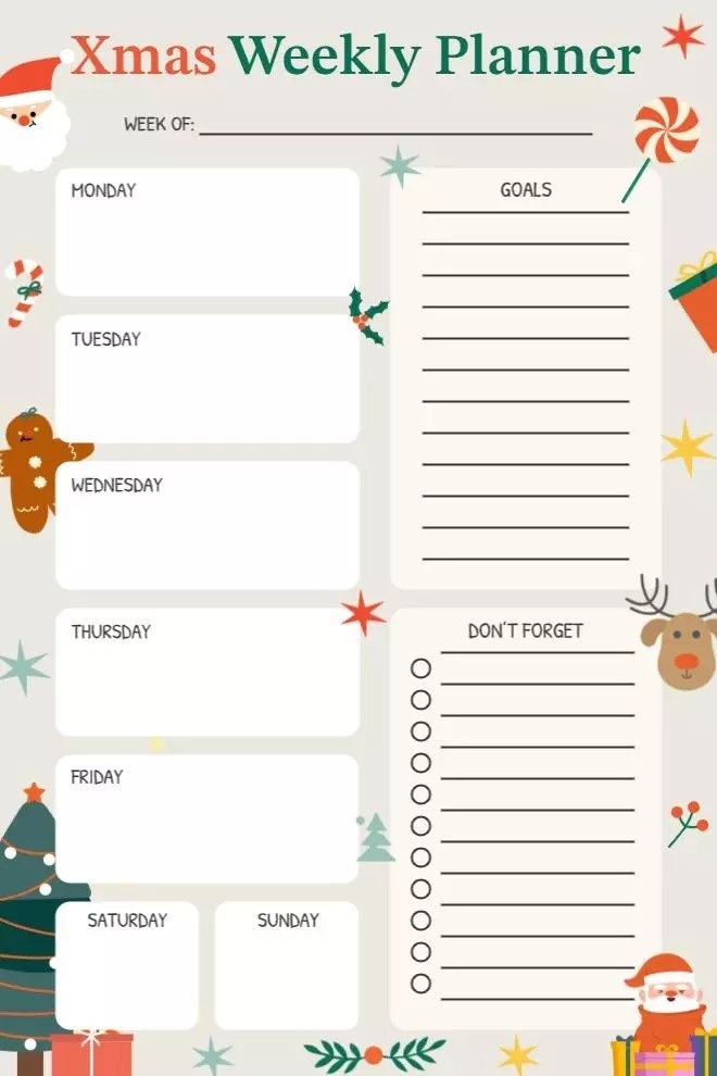 Printable Christmas Weekly Planner Template with Goals Section