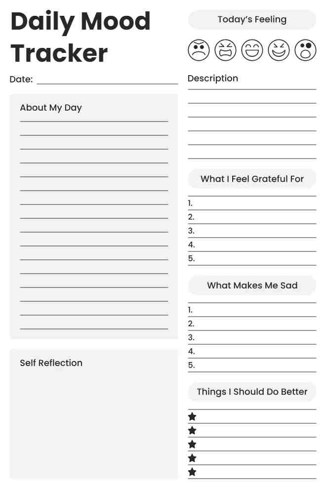 Printable Daily Mood Tracker Template with Self-reflection Section