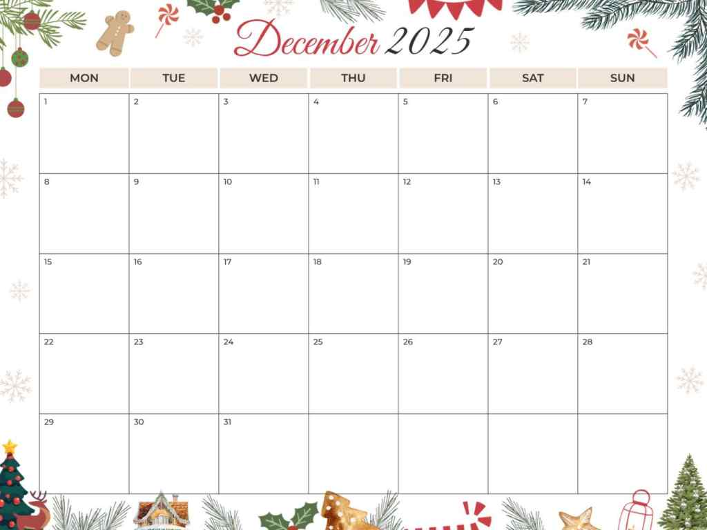 Printable December 2025 Calendar Planner Template with Christmas Ornaments