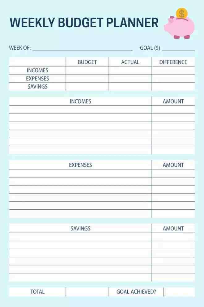Printable Weekly Budget Planner Template with Income and Expense Section