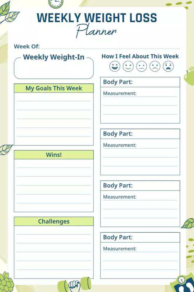 Printable Weekly Weight Loss Planner Template with Goals and Challenges Section