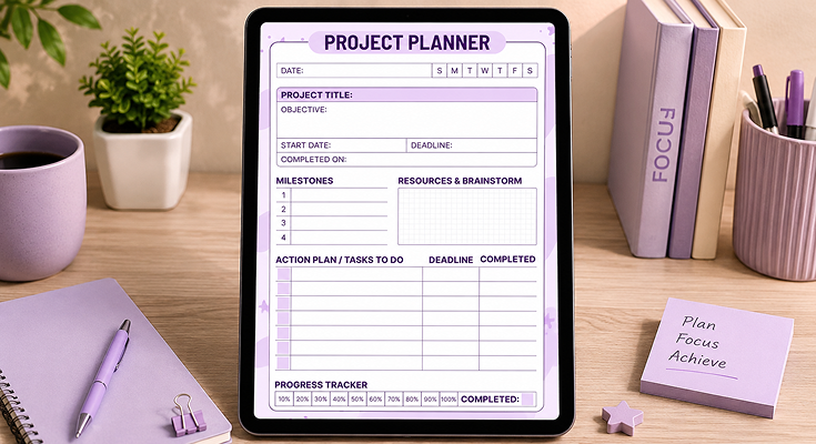 Project planner with milestones action plan deadline and progress tracker
