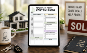 Real estate agent daily schedule template with tasks and mileage tracker