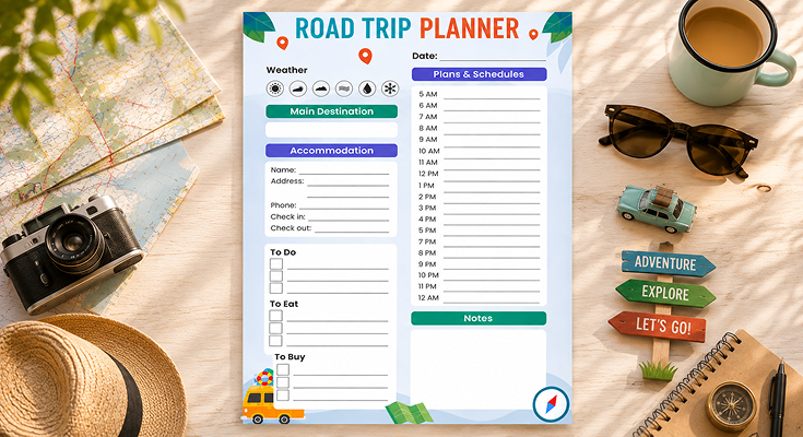 Road trip planner with hourly schedule accommodation and to do list