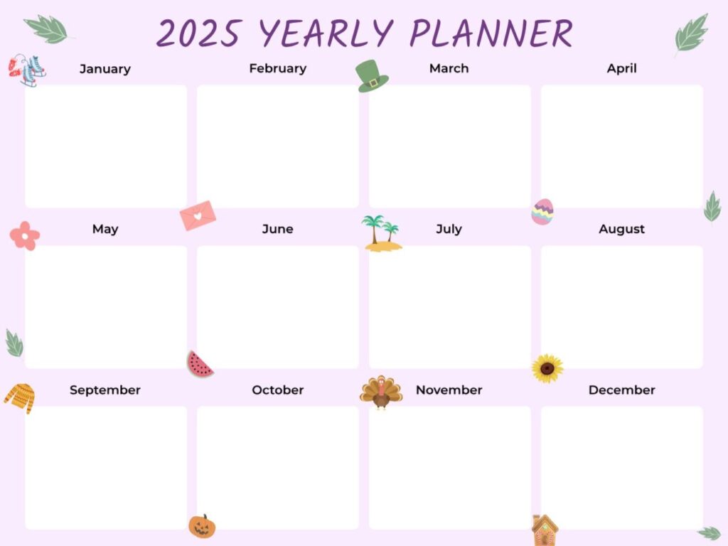 Seasonal 2025 Yearly Planner Template With Festive Icons