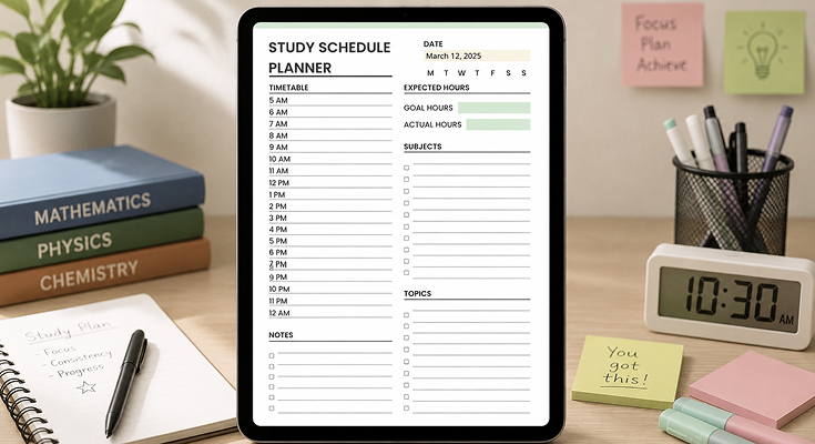 Study schedule planner template with timetable and subject goals