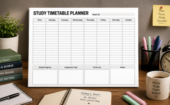 Weekly study timetable planner template with progress and to-do list