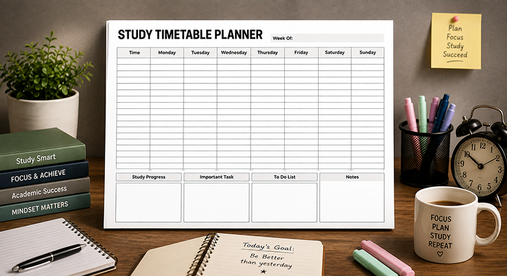 Weekly study timetable planner template with progress and to-do list