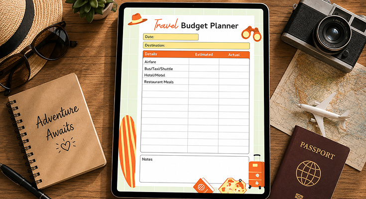 Travel budget planner comparing estimated vs actual trip expenses