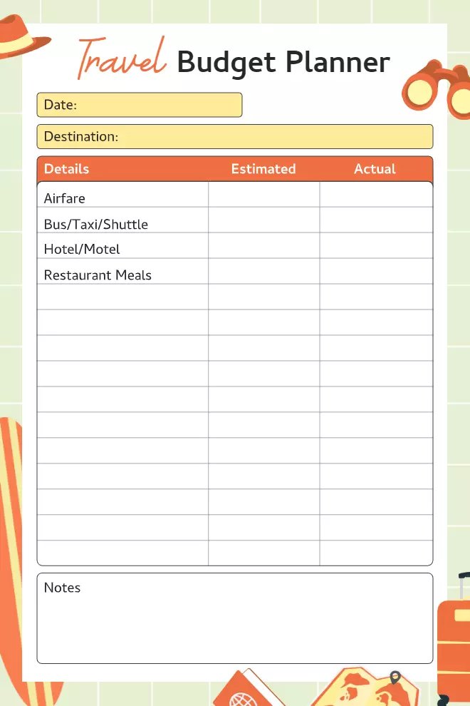 Warm Travel Budget Planner Template with Notes and Destination Section