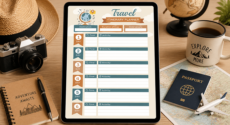 Travel itinerary planner with daily activity time and hotel details